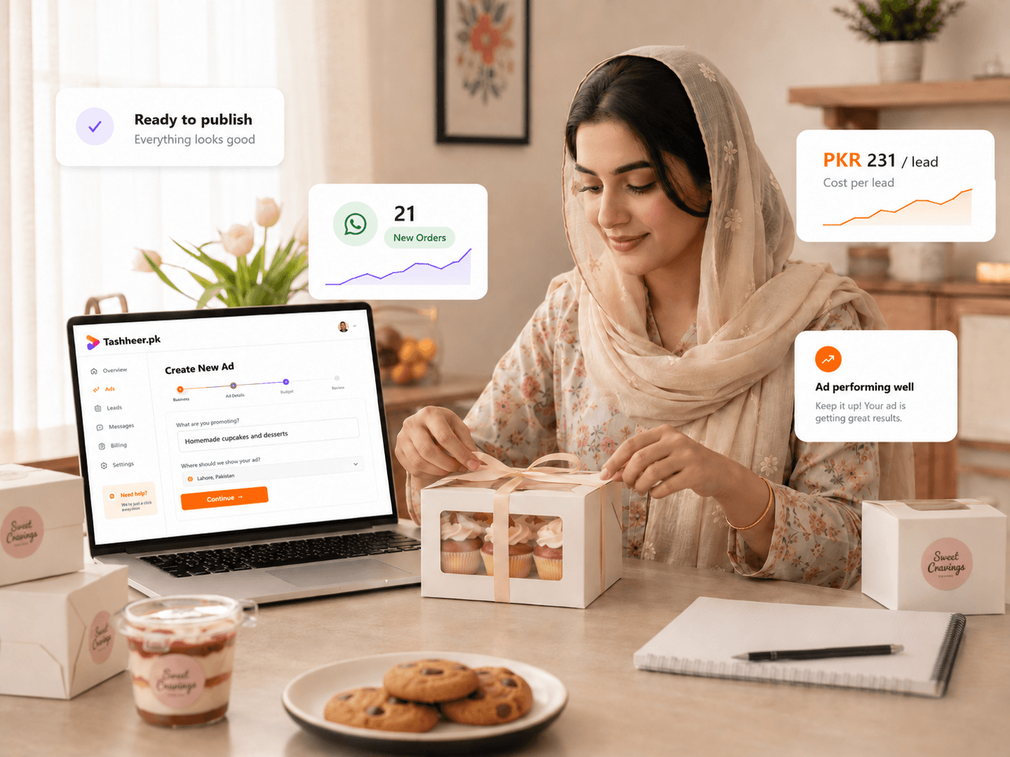 Pakistani home baker preparing customer orders with Tashheer performance insights